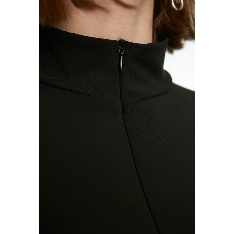 Trendyol Black Zipper Standing Collar Long Sleeved Flexible Knitted Body With Snap Button