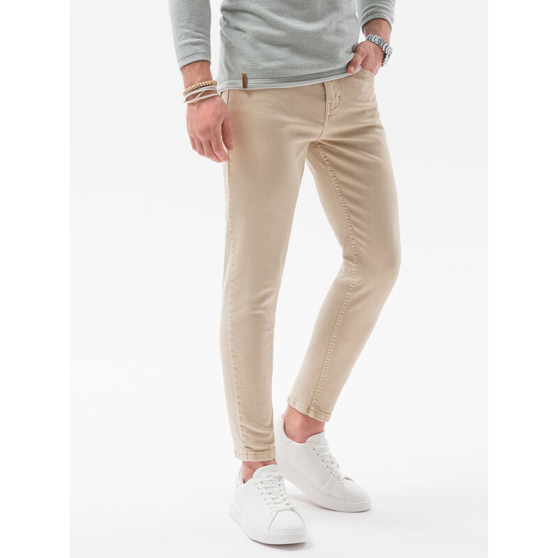 Ombre Clothing Pánské džínové kalhoty bez oděru SLIM FIT - béžové V8 OM-PADP-0148