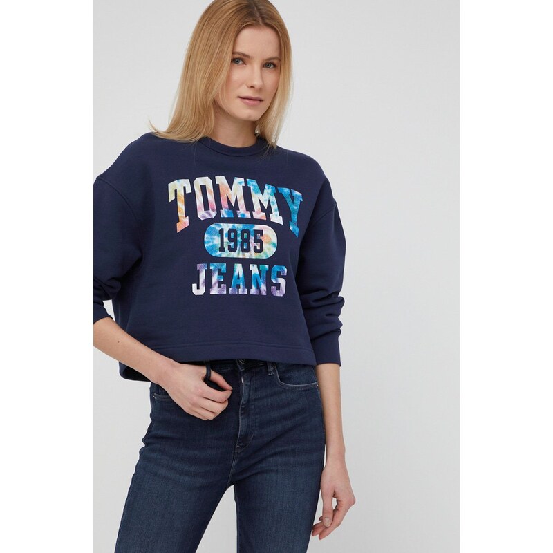 Bavlněná mikina Tommy Jeans dámská, tmavomodrá barva, s potiskem