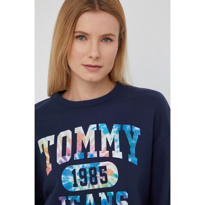 Bavlněná mikina Tommy Jeans dámská, tmavomodrá barva, s potiskem