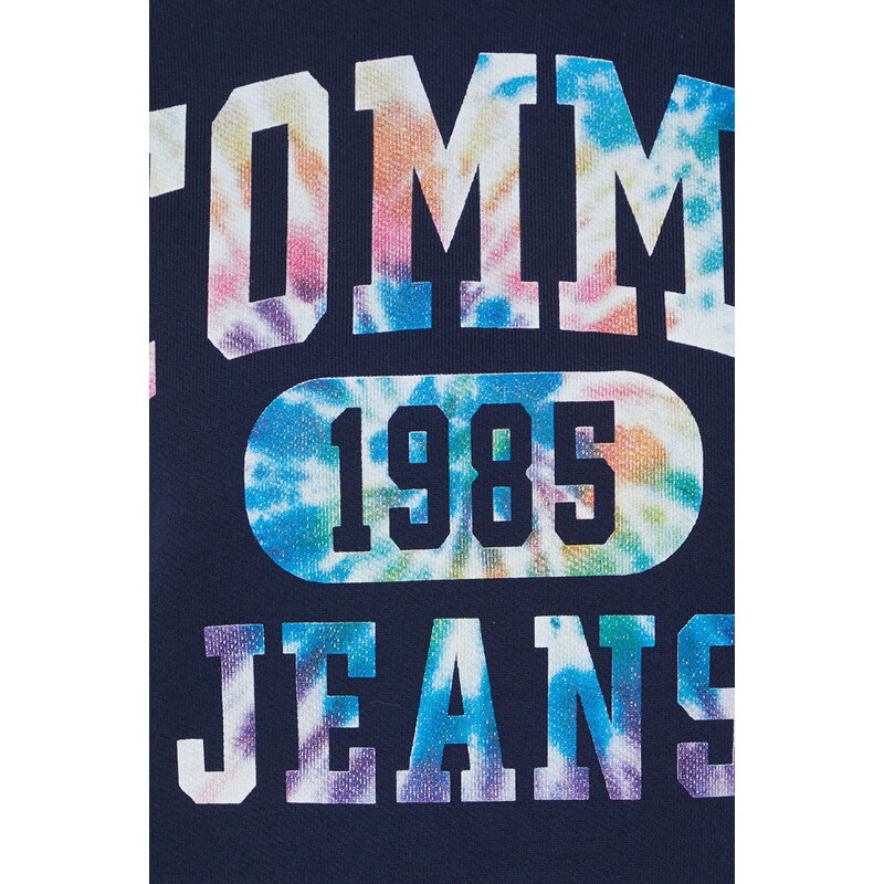 Bavlněná mikina Tommy Jeans dámská, tmavomodrá barva, s potiskem