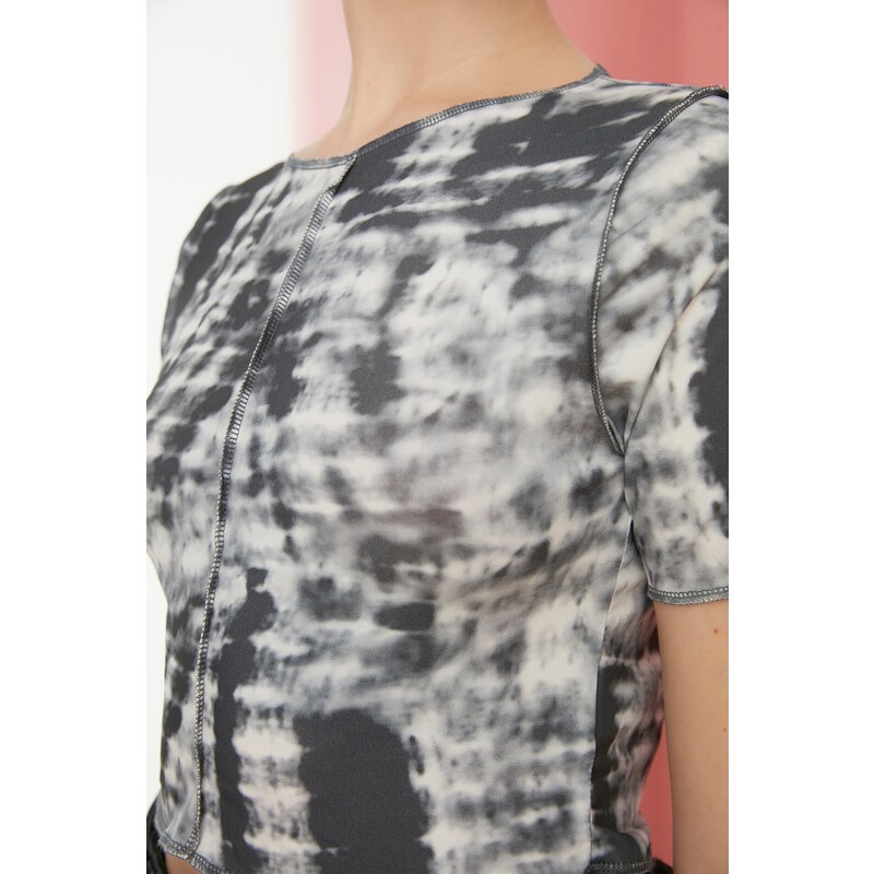 Trendyol Anthracite Tie-Dye Printed Fitted/Skinned Crop Crewneck Flexible Knitted Blouse