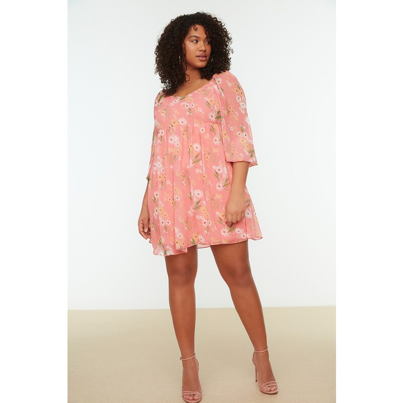 Trendyol Curve Pink Floral Patterned Chiffon Woven Dress