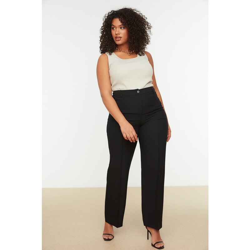 Trendyol Curve Black High Waist Rib Stitching Flared Leg Weave Trousers