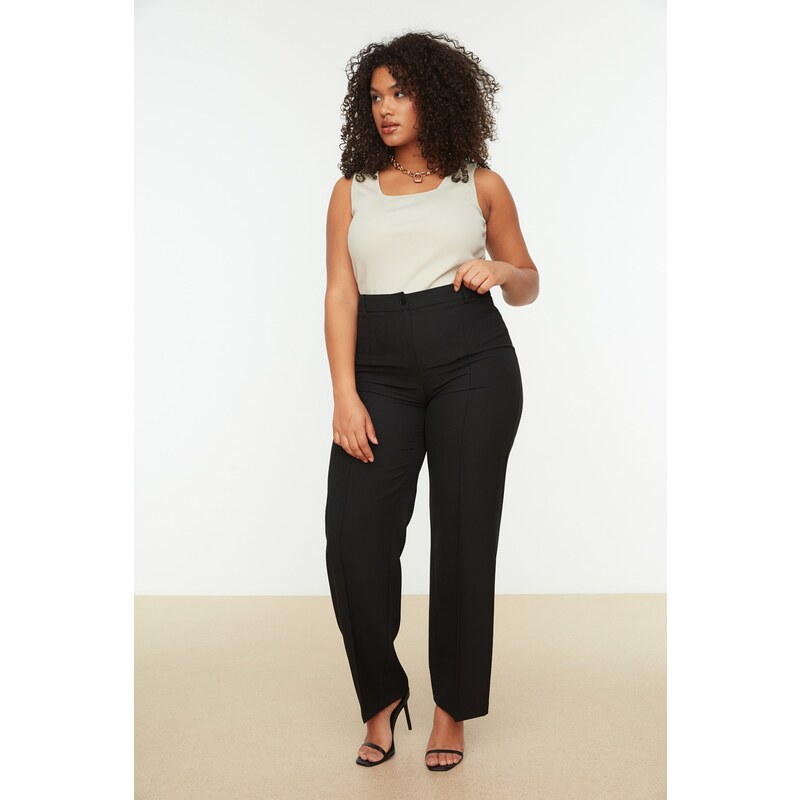 Trendyol Curve Black High Waist Rib Stitching Flared Leg Weave Trousers