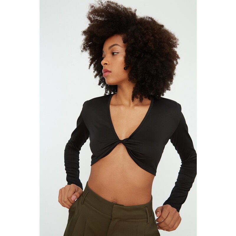 Trendyol Black Deep V Neck Super Crop Stretch Knitted Blouse