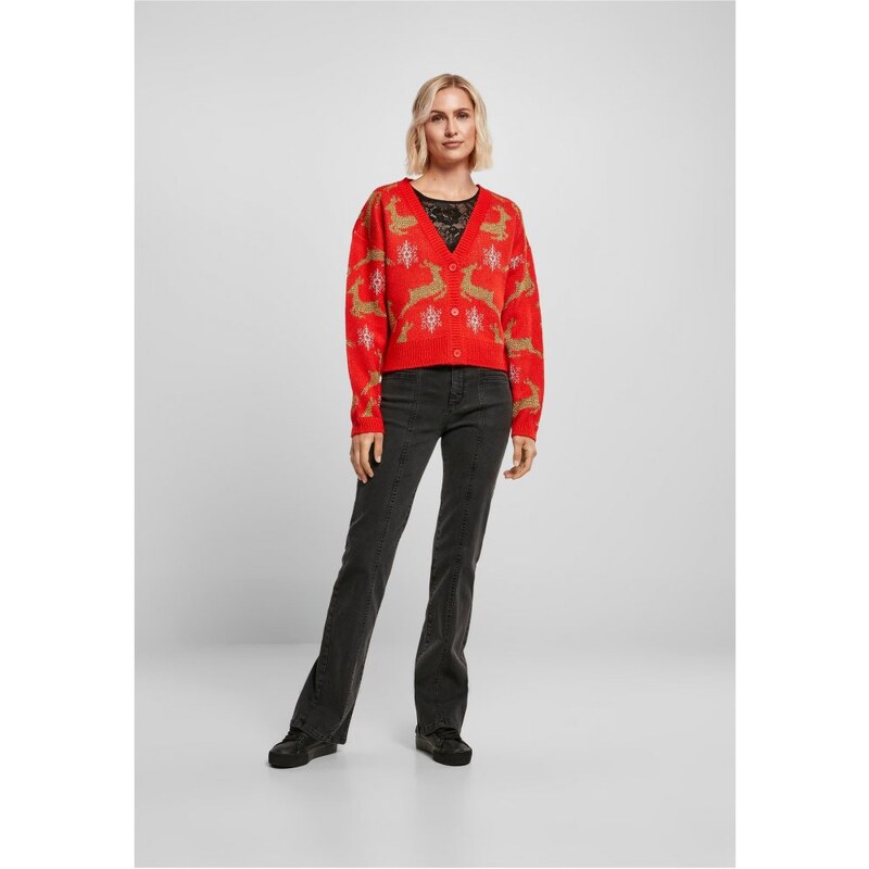 URBAN CLASSICS Ladies Short Oversized Christmas Cardigan - red/gold