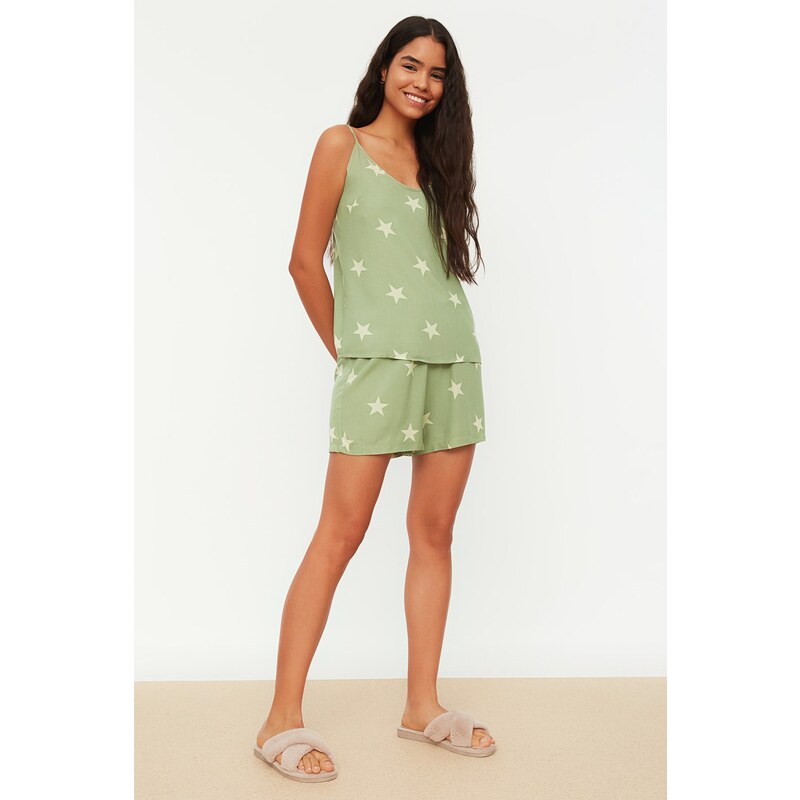 Trendyol Green Star Viscose Undershirt-Shorts Woven Pajama Set