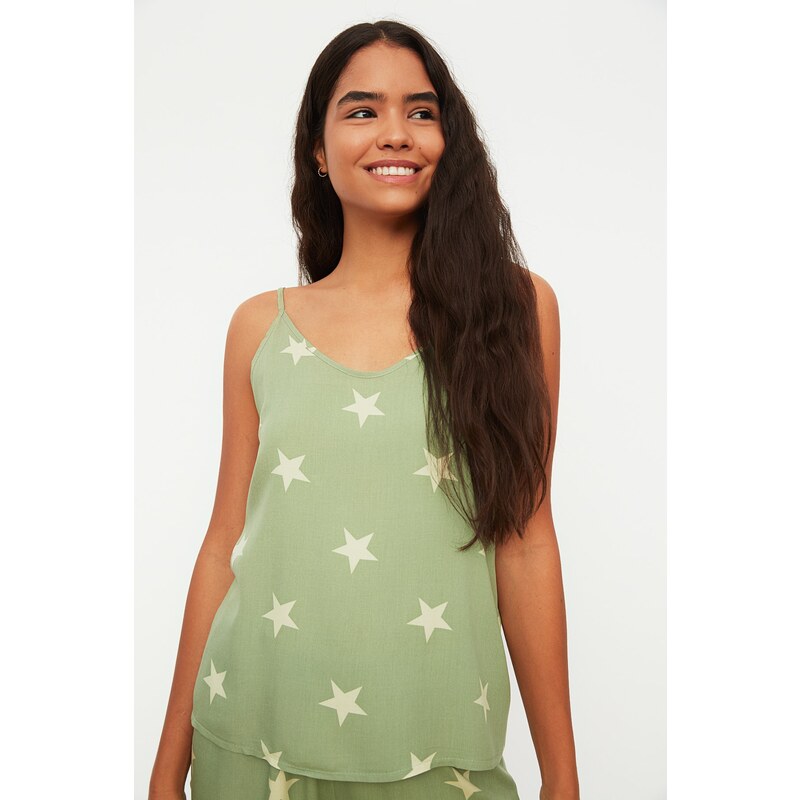 Trendyol Green Star Viscose Undershirt-Shorts Woven Pajama Set