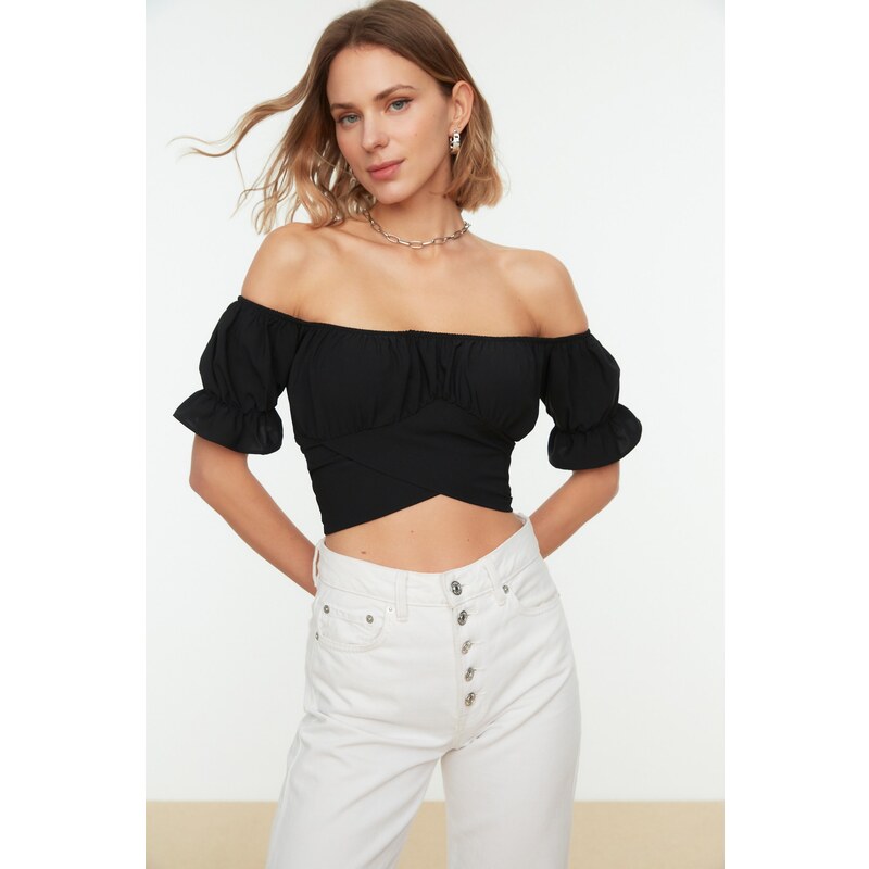 Trendyol Black Tie Detailed Carmen Collar Woven Blouse