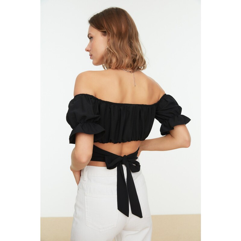 Trendyol Black Tie Detailed Carmen Collar Woven Blouse