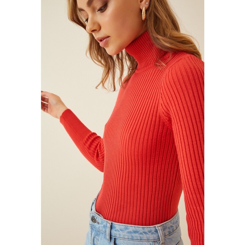 Happiness İstanbul Women's Vivid Red Turtleneck Ribbed Lycra Sweater