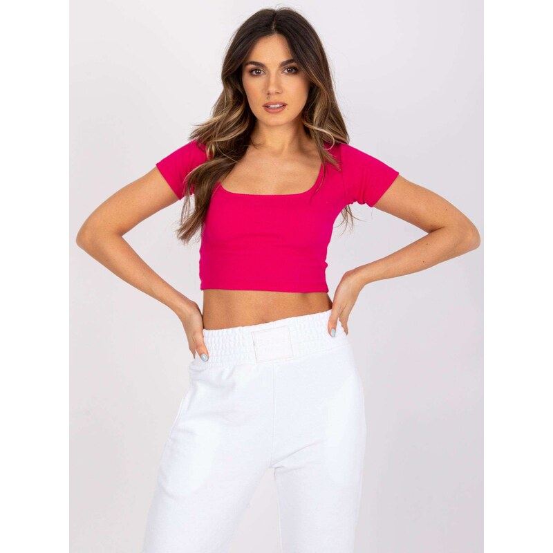 RUE PARIS RŮŽOVÝ DÁMSKÝ CROP TOP S KRÁTKÝMI RUKÁVY -FUCHSIA Tmavě růžová