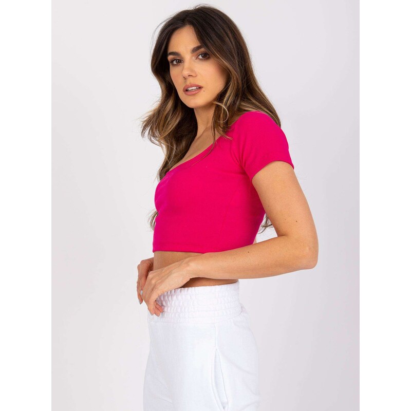 RUE PARIS RŮŽOVÝ DÁMSKÝ CROP TOP S KRÁTKÝMI RUKÁVY -FUCHSIA Tmavě růžová