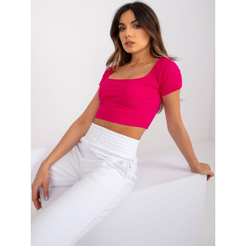 RUE PARIS RŮŽOVÝ DÁMSKÝ CROP TOP S KRÁTKÝMI RUKÁVY -FUCHSIA Tmavě růžová