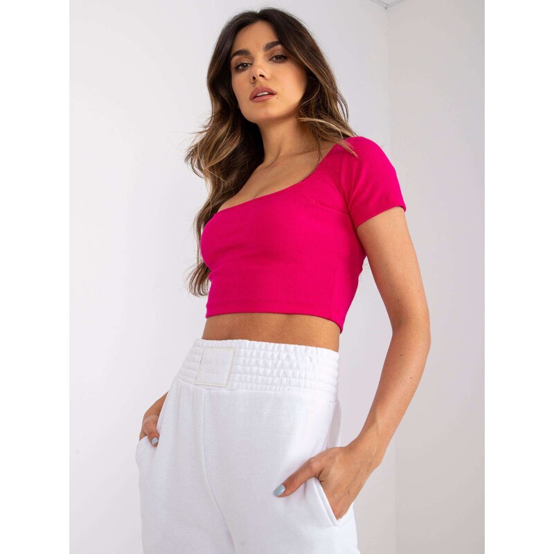 RUE PARIS RŮŽOVÝ DÁMSKÝ CROP TOP S KRÁTKÝMI RUKÁVY -FUCHSIA Tmavě růžová