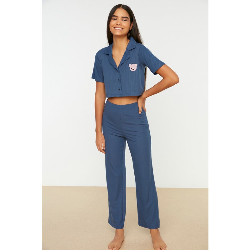 Trendyol Navy Blue Embroidered Ribbed Shirt-Pants and Knitted Pajamas Set