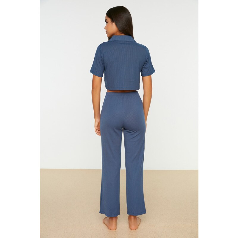 Trendyol Navy Blue Embroidered Ribbed Shirt-Pants and Knitted Pajamas Set