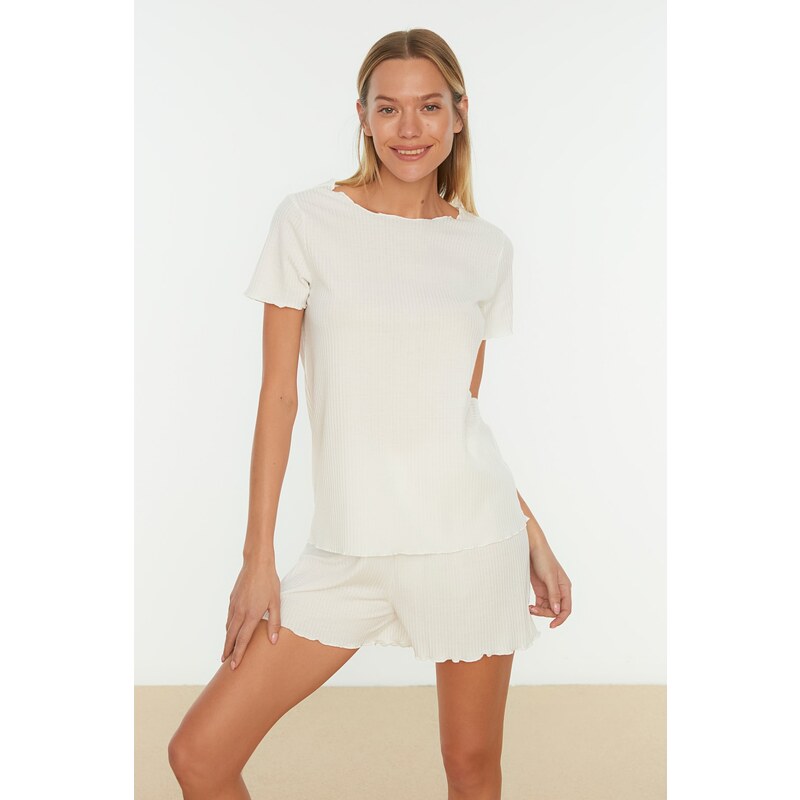 Trendyol White Corduroy T-shirt-Shorts Knitted Pajamas Set