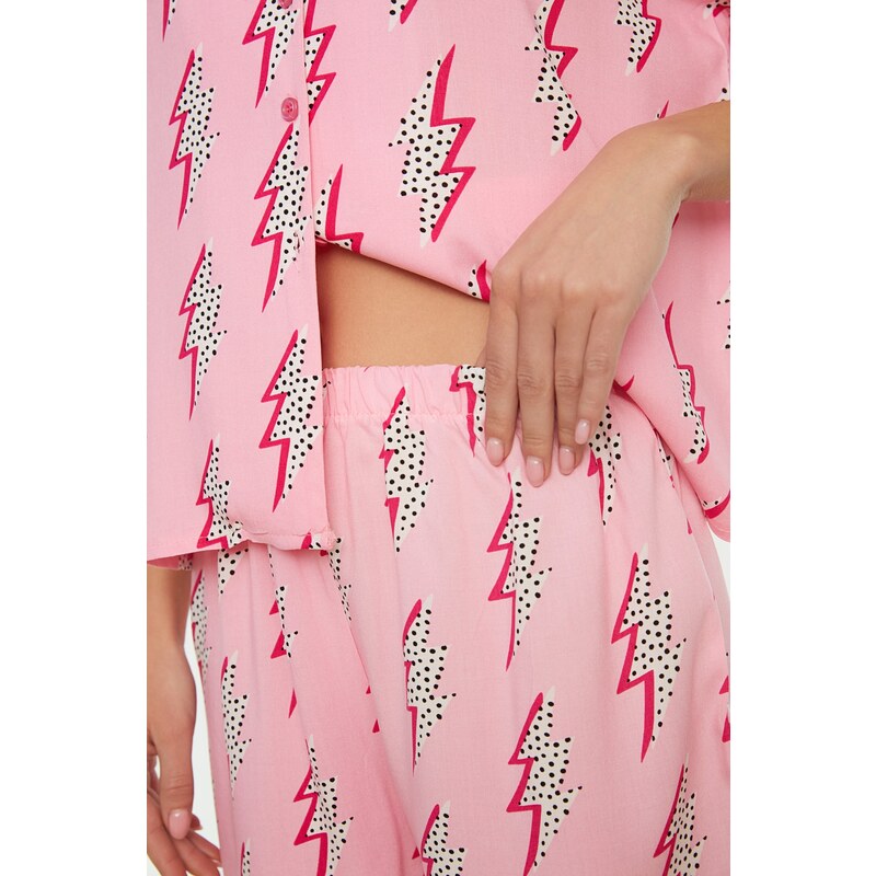 Trendyol Pink Patterned Viscose Shirt-Shorts Woven Pajamas Set