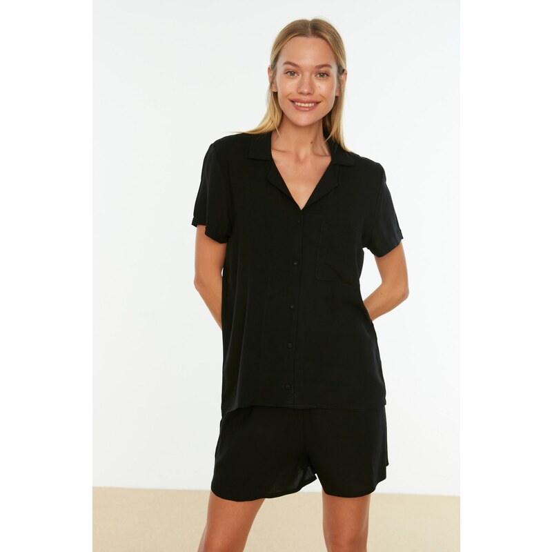 Trendyol Black Viscose Shirt-Shorts Woven Pajama Set