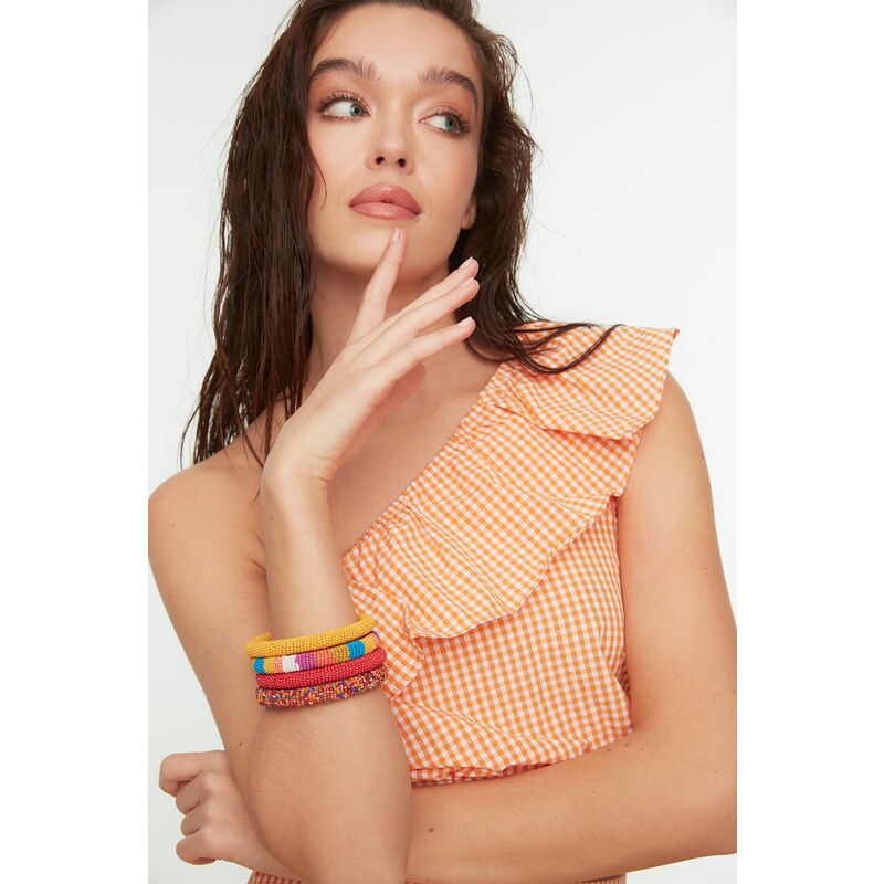 Trendyol Orange Gingham One-Shoulder Frilly Top Top Set