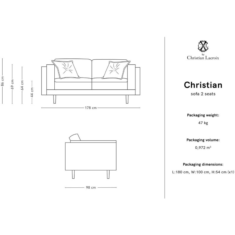 CXL by Christian Lacroix Světle šedá látková dvoumístná pohovka CXL Christian 178 cm