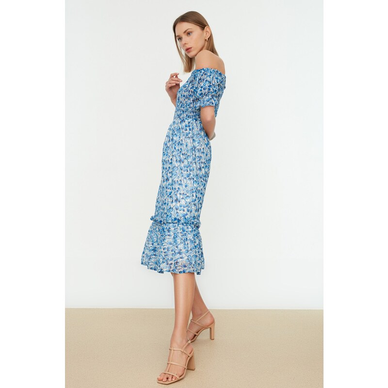 Trendyol Blue Floral Waist Opening Chiffon Lined Gimped Midi Woven Dress