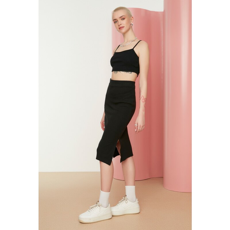 Trendyol Black With Double Slits, Fitted High Waist Ribbed Flexible Midi Knitted Skirt