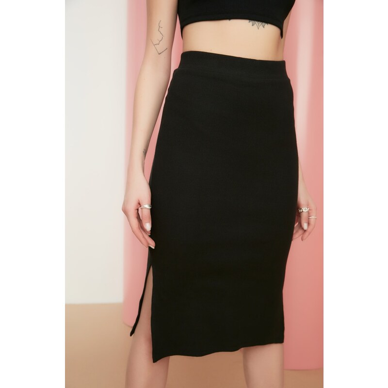 Trendyol Black With Double Slits, Fitted High Waist Ribbed Flexible Midi Knitted Skirt