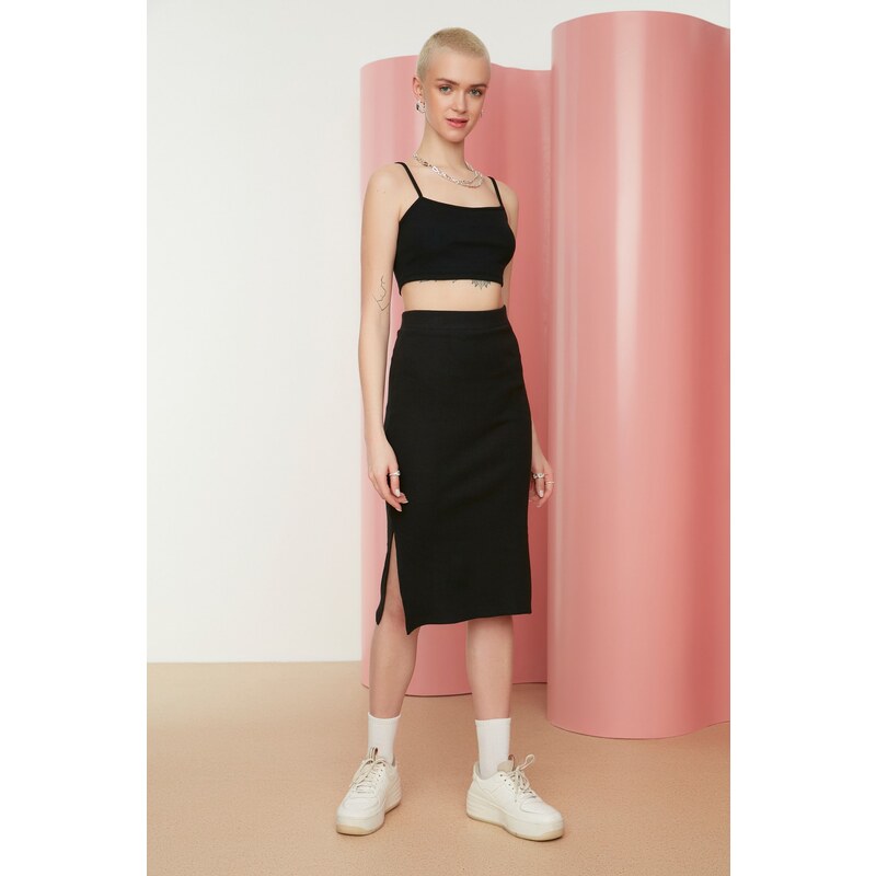 Trendyol Black With Double Slits, Fitted High Waist Ribbed Flexible 107050673