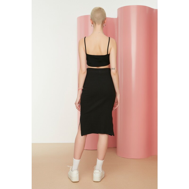 Trendyol Black With Double Slits, Fitted High Waist Ribbed Flexible Midi Knitted Skirt