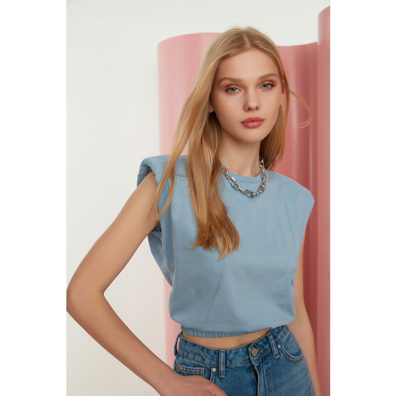 Trendyol Blue 100% Cotton Padded Crop Crew Neck Knitted T-Shirt