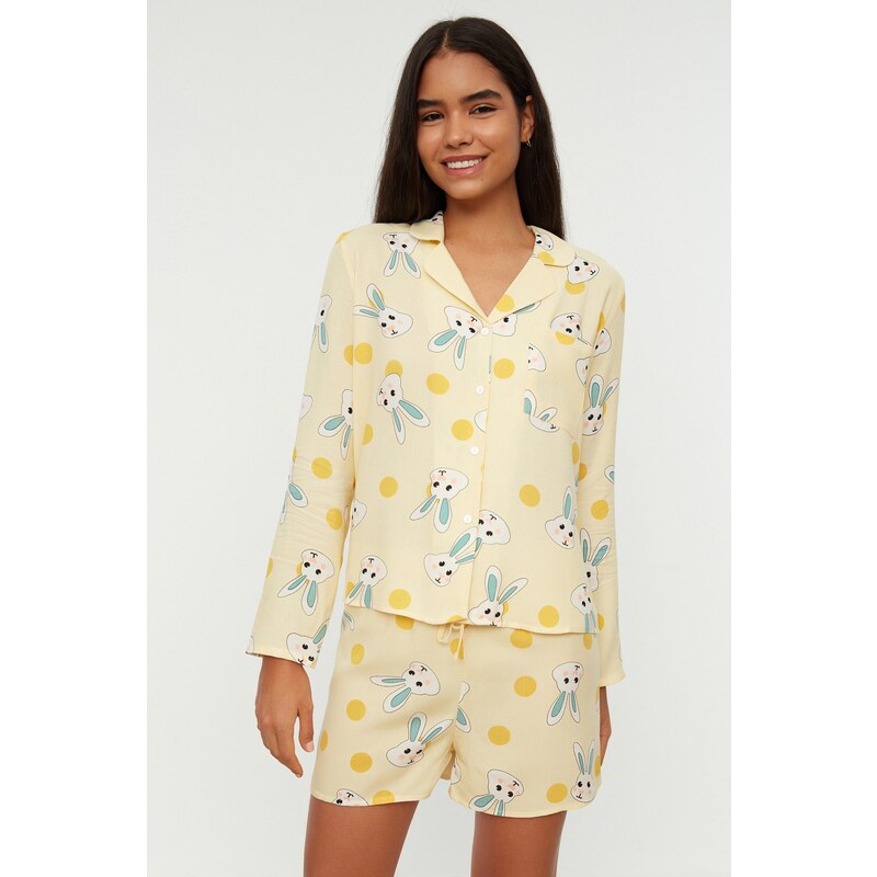 Trendyol Yellow Rabbit Pattern Viscose Shirt-Shorts Woven Pajamas Set