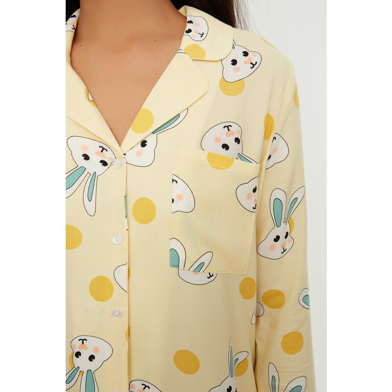 Trendyol Yellow Rabbit Pattern Viscose Shirt-Shorts Woven Pajamas Set