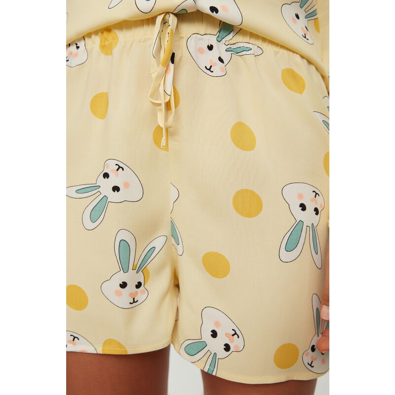 Trendyol Yellow Rabbit Pattern Viscose Shirt-Shorts Woven Pajamas Set