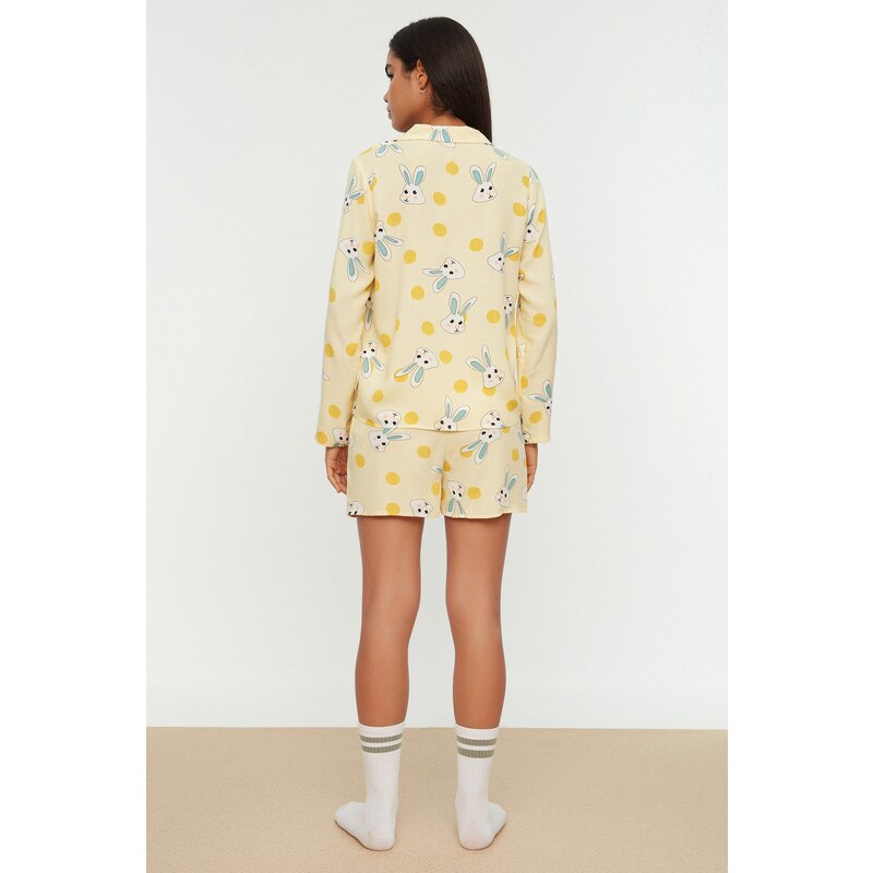 Trendyol Yellow Rabbit Pattern Viscose Shirt-Shorts Woven Pajamas Set