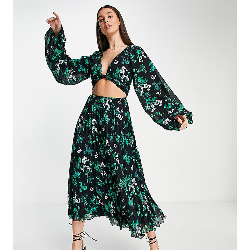ASOS Tall ASOS DESIGN Tall tie wrap around pleated midi dress in dark 114733205