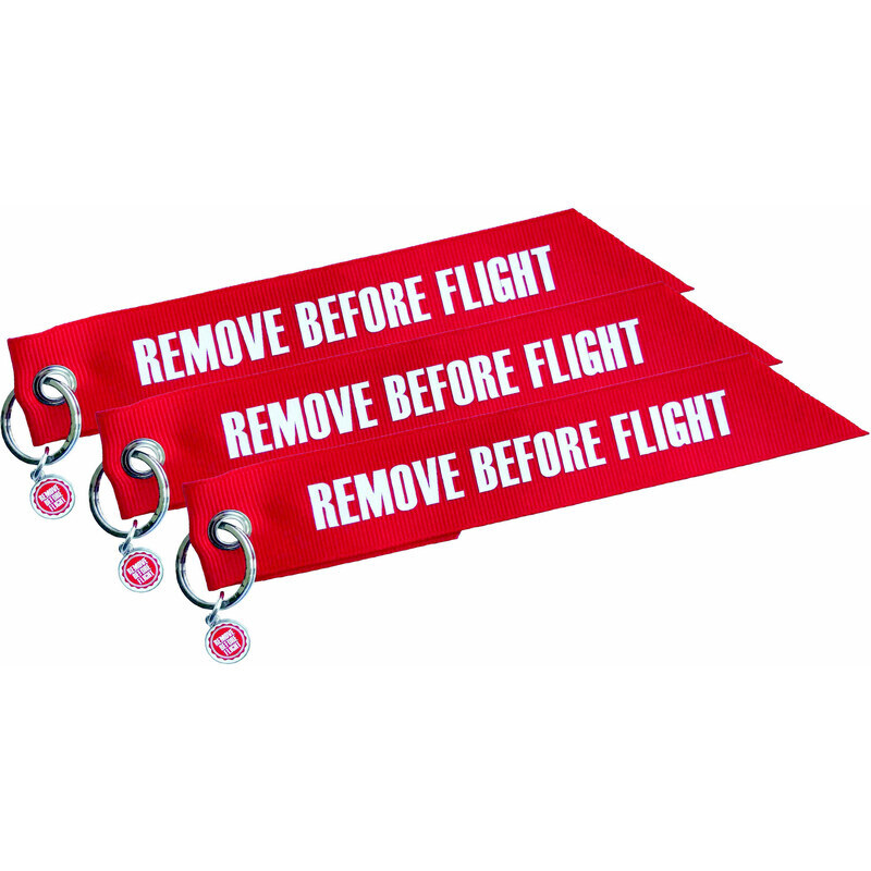RBF ORIGINALS Klíčenky REMOVE BEFORE FLIGHT červené sada 3ks