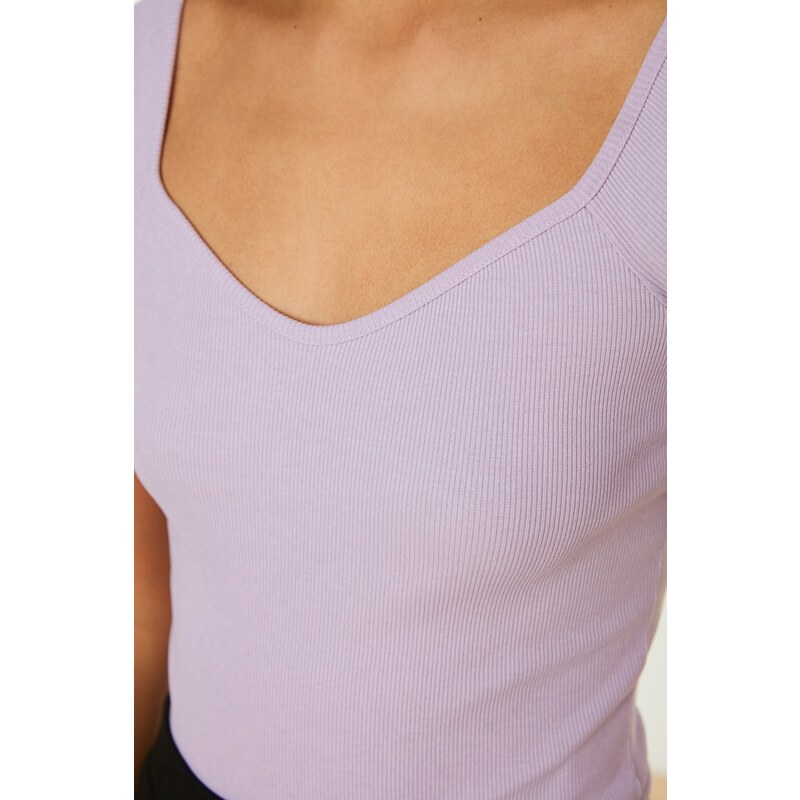 Trendyol Lilac Fitted/Clothing, Ribbed Cotton, Stretchy Knit Blouse