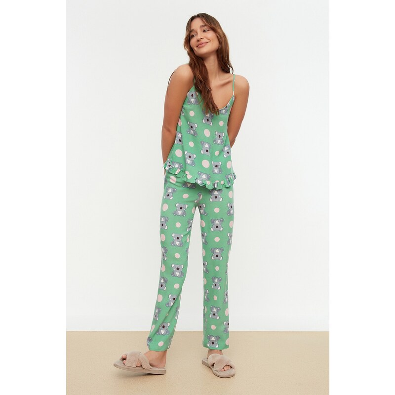 Trendyol Green Koala Patterned Frilled Undershirt-Pants Woven Pajama Set