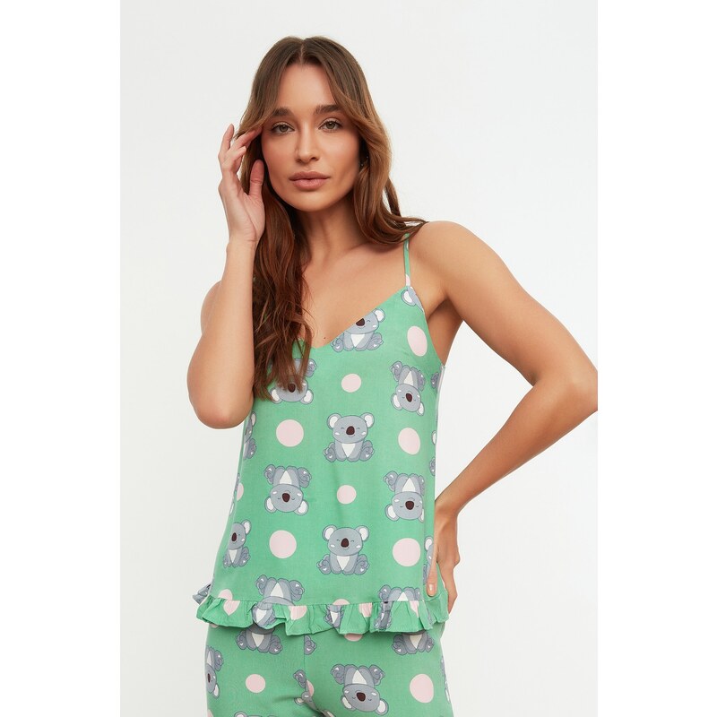 Trendyol Green Koala Patterned Frilled Undershirt-Pants Woven Pajama Set