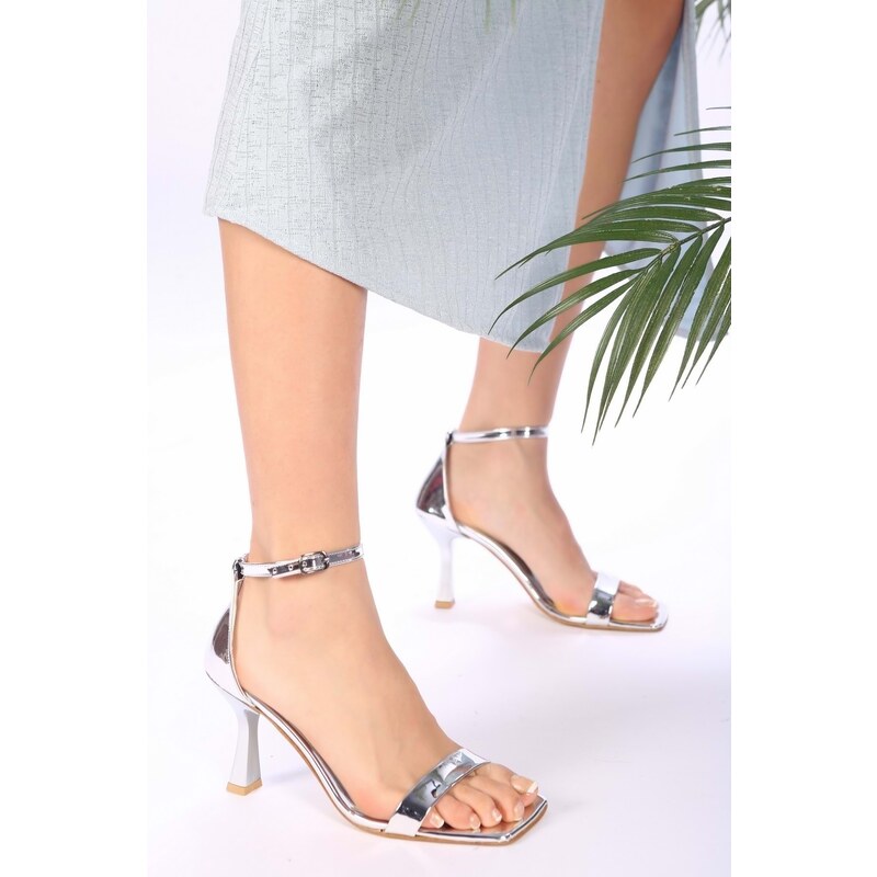 Shoeberry Women's Silver Mirrored Single Strap Heeled Shoes