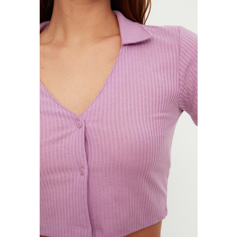 Trendyol Lilac Ribbed Crop T-shirt-Shorts Knitted Pajamas Set