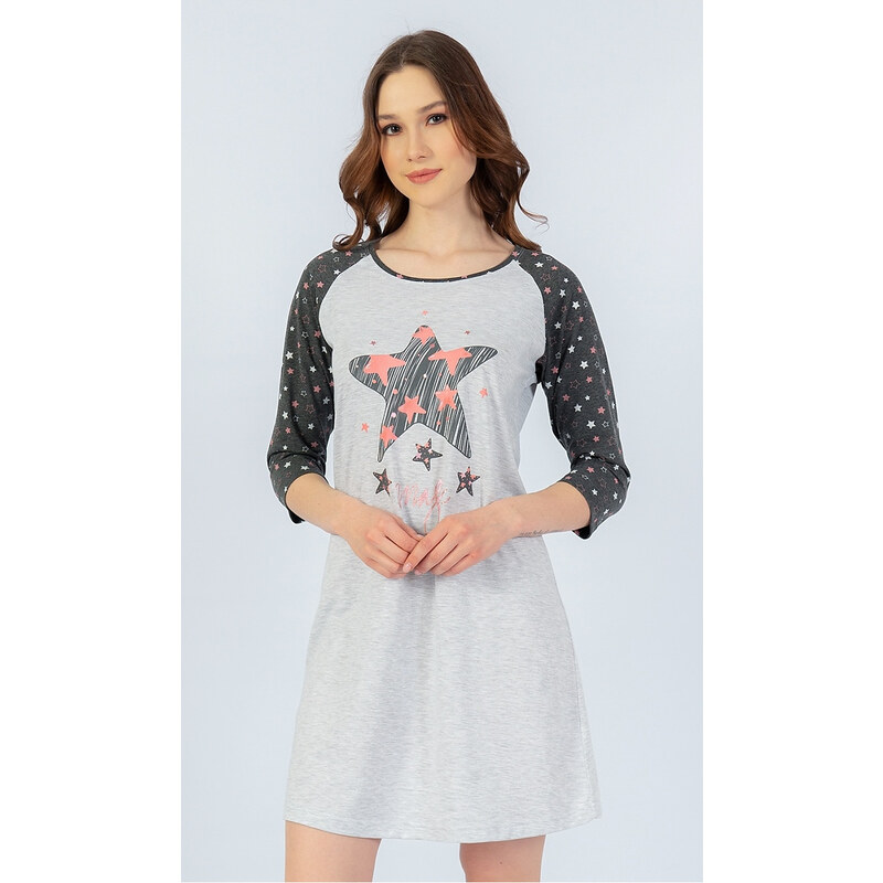 Vienetta Dámská noční košile s tříčtvrtečním rukávem Hvězda, barva světle šedá, 100% bavlna