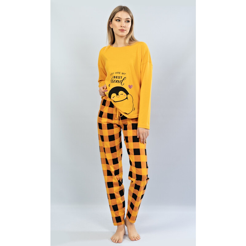 Vienetta Secret Dámské pyžamo dlouhé Tučňák, barva žlutá, 100% bavlna