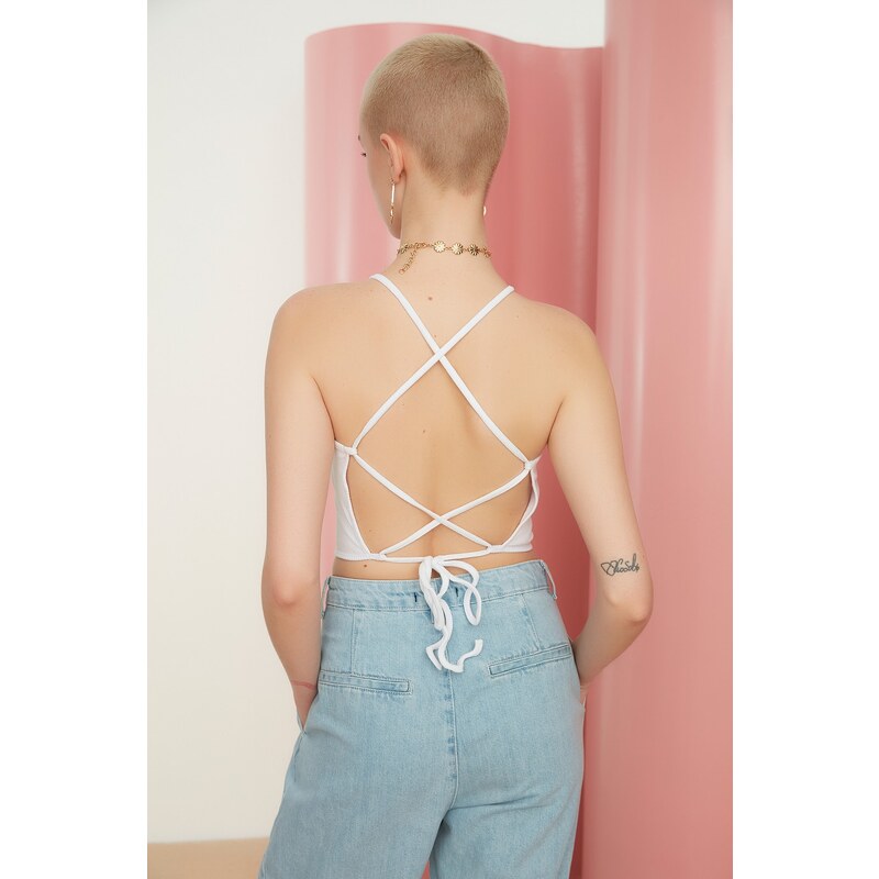 Trendyol White Back Tie Detailed Corded Crop Knitted Blouse
