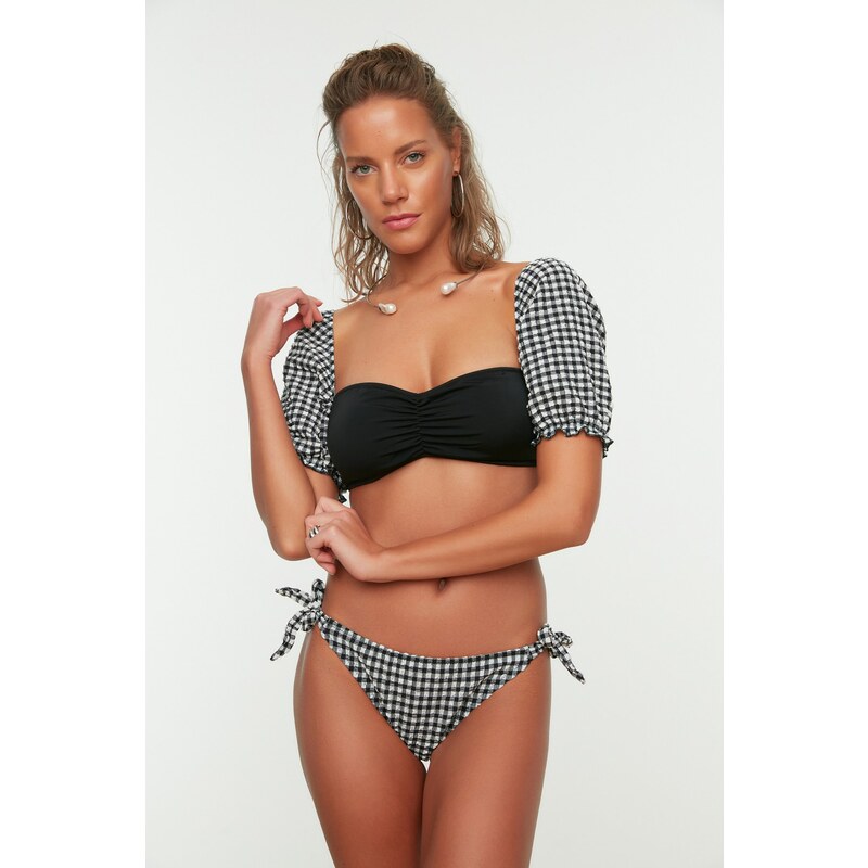 Trendyol Black Gingham Bikini Spodní díl s texturovanou kravatou