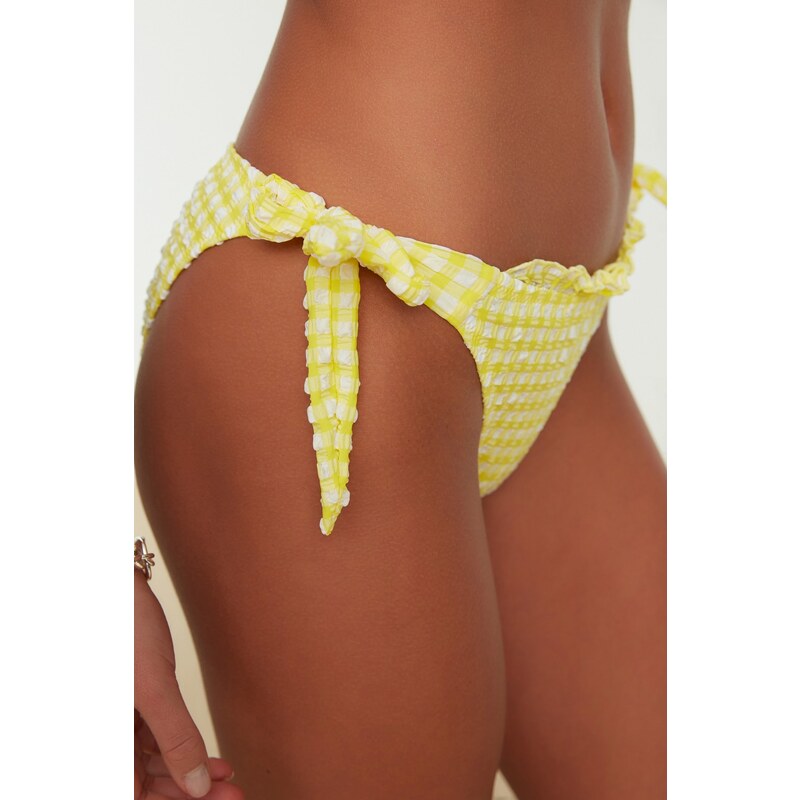 Trendyol Yellow Gingham Textured Ruffle Regular Bikini Bottom