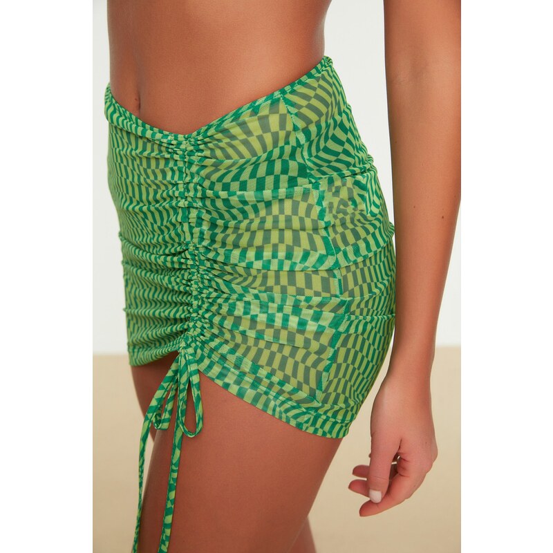 Trendyol Green Geometric Patterned Mini Knitted Gathered Mesh Pareo